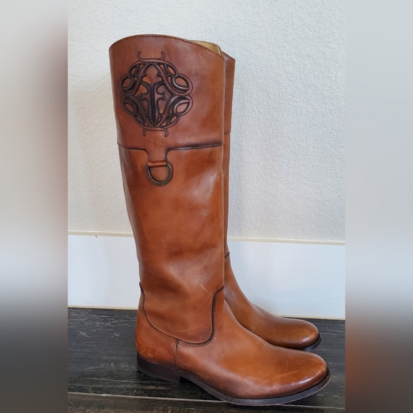 FRYE MELISSA LOGO KNEE HIGH LEATHER BOOTS 9.5B EEUC With BOX! - Picture 6 of 16